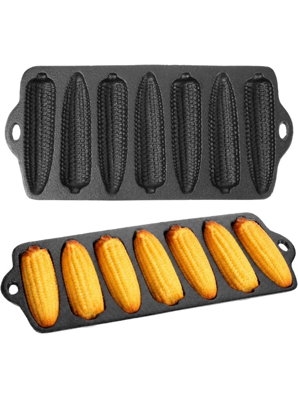 Set of 2 Cast Iron Cornbread Pans - 7-Cornstick Molds for Oven & Grill